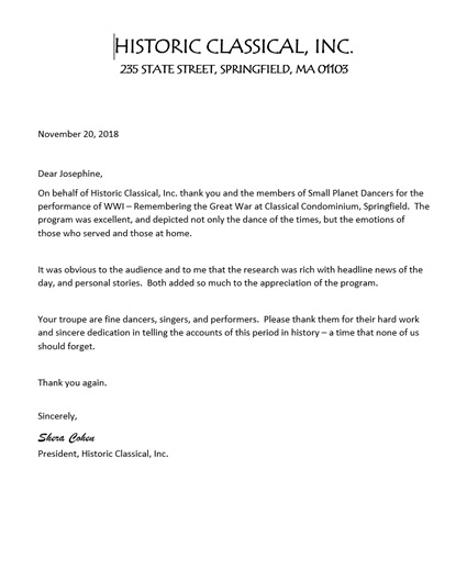 testimonial letter from Historic Classical, Inc. President Shera Cohen