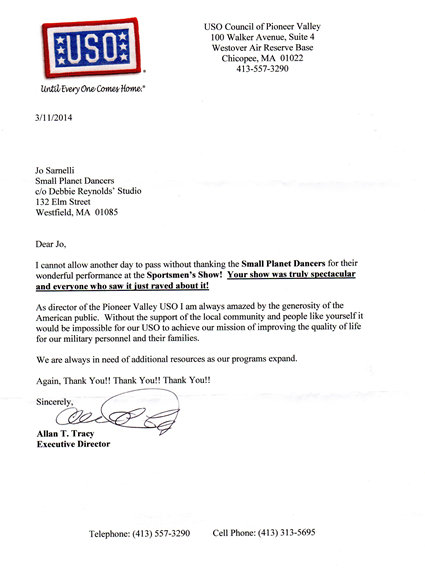 testimonial letter from USO Executive Director Allan T. Tracy