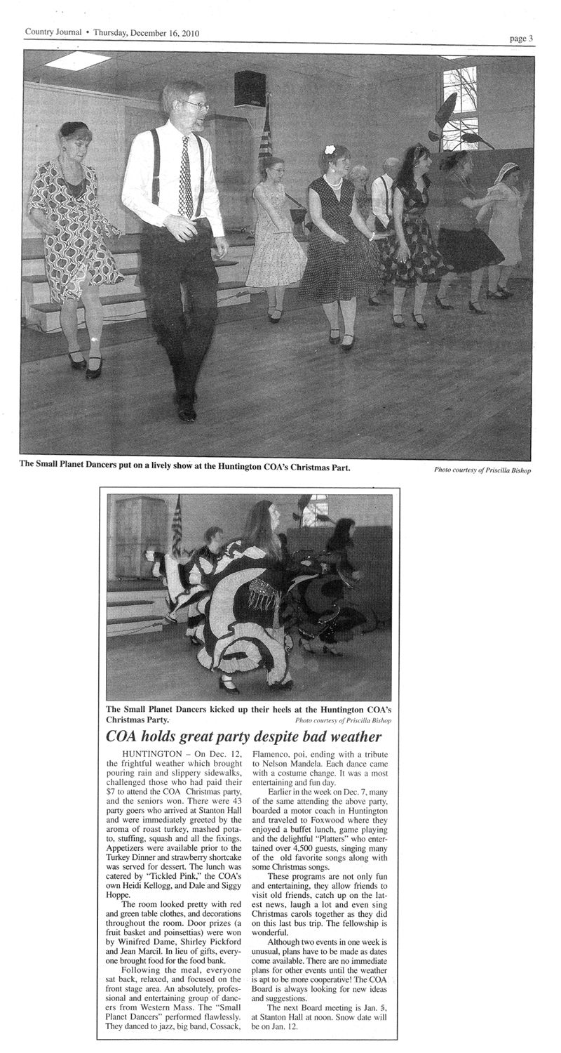 News article about Small Planet Dancers preforming at Huntington Council on Aging Christmas Party on December 12, 2010.