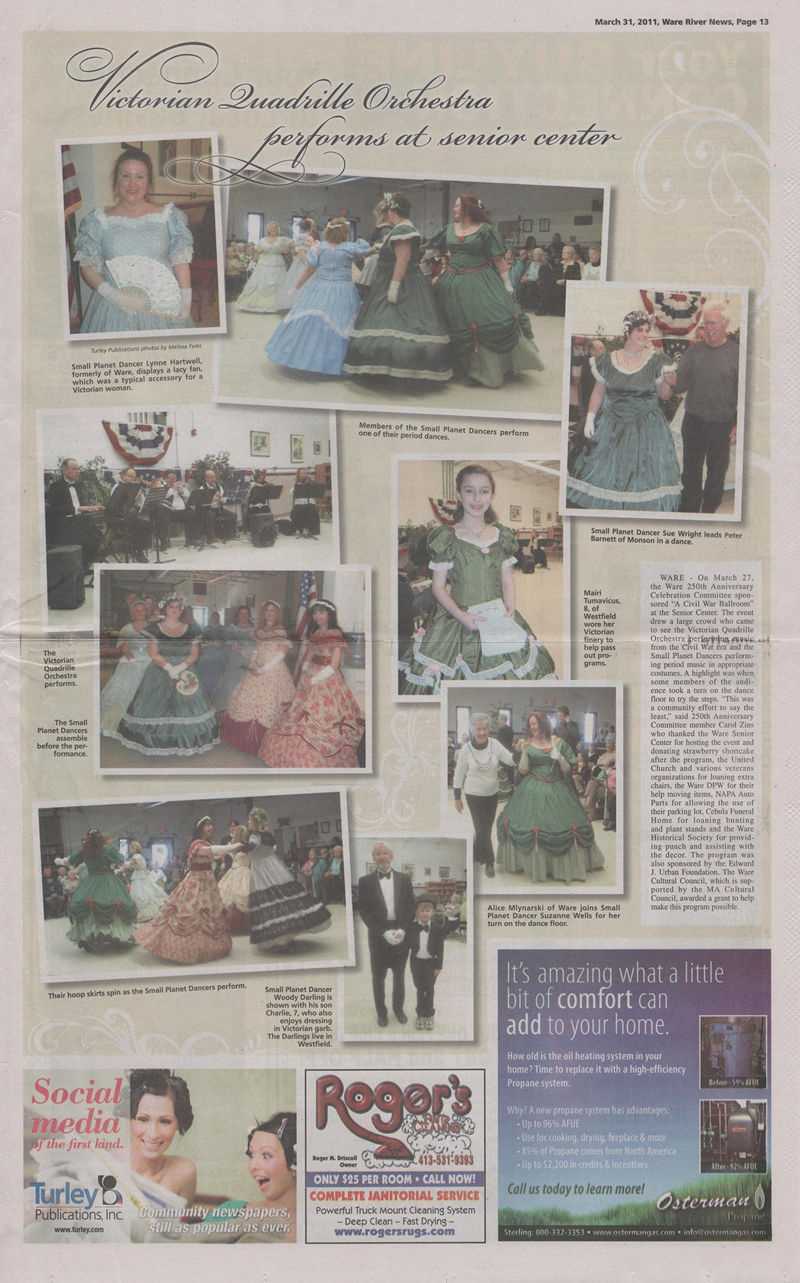 News article about Small Planet Dancers preforming at the Ware 250th Aniversary at the Ware Senior Center.