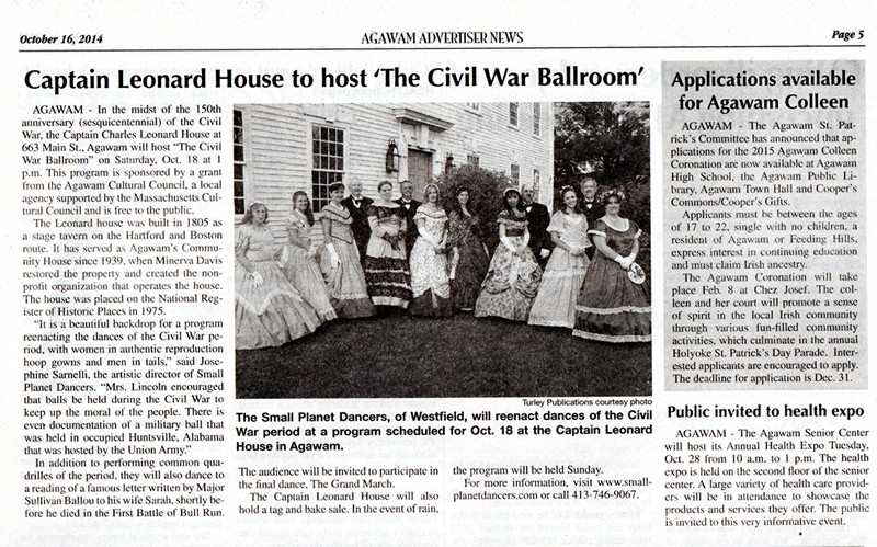 Small Planet Dancers will perform Civil War era dances at the Captain Leonard house on October 18, 2014.