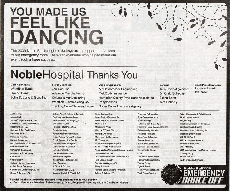Thank you list of sponsors of the Noble Hospital Ball 2009 - Dancing with the Stars